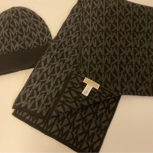 Michael Kors Charcoal and Black Logo Beanie and Scarf Set 2 pieces